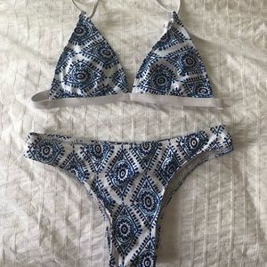 Small blue patterned two-piece bathing suit